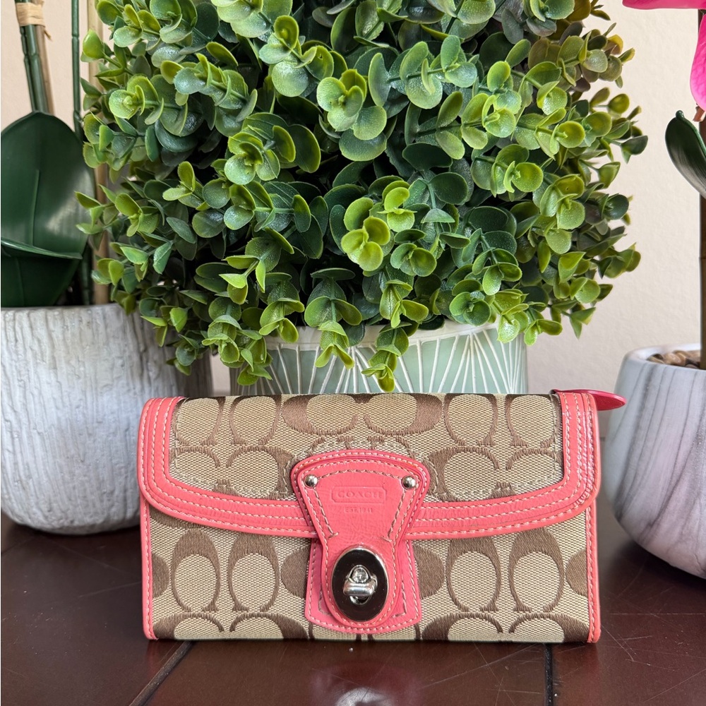 Coach Pink signature canvas wallet with turn lock